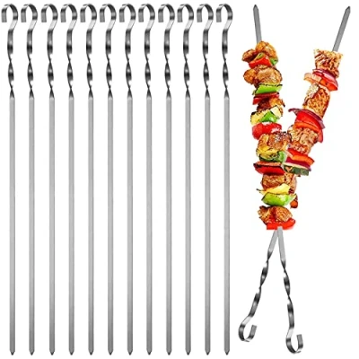 Image of Kebab Skewers, 12PCS Stainless Steel BBQ Meat Skewers Set, Flat Barbecue Shish Stick for Vegetables