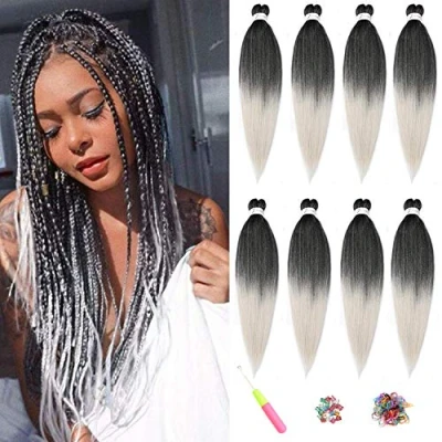 Image of Pre Stretched Braiding Hair ShowJarlly Soft Free Synthetic Fiber Corchet Braids 8Packs/Lot Knotless Extensions Hot Water Setting Crochet (20inch,T1B/Silver#)