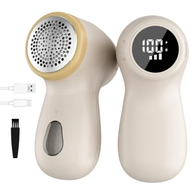Image of Rechargeable Fabric Shaver, Lint Remover with Digital Display, Sweater Shaver 6 Leaf Blades and Safety Lock, 3 Speeds Defuzzer Remove Fuzz,Pills from Clothes,Furniture,Sofa, White