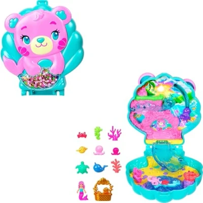 Image of Polly Pocket Dolls and Playset, Glitter Island Compact, Travel Toy with 1 Micro Mermaid Doll, Ocean Pets &amp; Themed Accessories