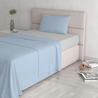 Image of Italian Bed Linen Natural Colour Sheet Set, Cotton, Light Blue/Light Grey, Small Double