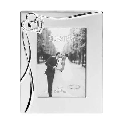Image of Engagement Wedding or Anniversary Photo Frame 5&quot; x 7&quot; Crystal Hearts Matt Silver
