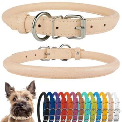 Image of CollarDirect Rolled Leather Dog Collar, Soft Padded Round Puppy Handmade Genuine Collar Small Large Cat Collars Black Pink Red Purple Blue (Beige, 18 20 cm)