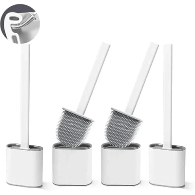 Image of Toilet Brushes, 4 Pack Bathroom Silicone Brush with Holder Sets No Slip Long Plastic Handle and Soft Flexible Bristles, Brushes holders Base for Anti drip (White)
