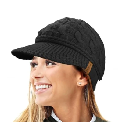 Image of TOSKATOK Ladies Peaked Cable Knit Warm R80 Teddy Fleece Lined Beanie Winter Hat Cap Black