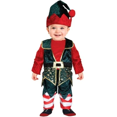 Image of GUIRMA Baby Elf Fancy Dress Costume (18 24 Months) Waistcoat, Hat and Trousers Christmas New Year Costumes for Babies Ideal Parties Festive Celebrations Red Green