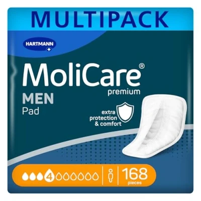 Image of MoliCare Men Pad 4 Drops Discreet Incontinence Pads, Protection for Light to Moderate Leaks, Anti Leak Guards, Instant Dry Feeling, Advanced Skin Protection, 168 Pieces