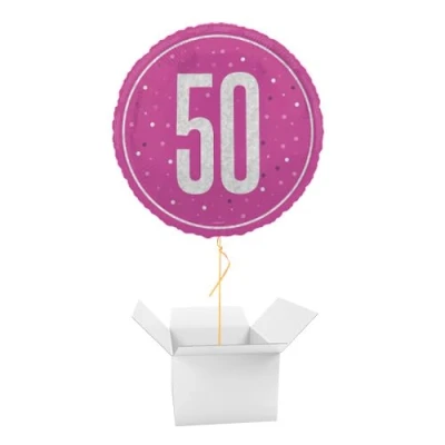 Image of Hot Pink Glitz Age 50 Holographic Round Foil Helium Balloon Inflated in a Box