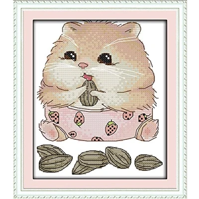 Image of Abillyn Embroidery Cross Stitch Kits Hamster Eating Sunflower Seeds Stamped with Printed Pattern Starter Kit (Hamster)