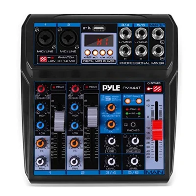 Image of Professional Wireless DJ Audio Mixer 6 Channel Bluetooth Compatible Controller Sound w/DSP Effects, USB Interface, Dual RCA in, XLR/1/4 Microphone Headphone Jack Pyle PMX44T