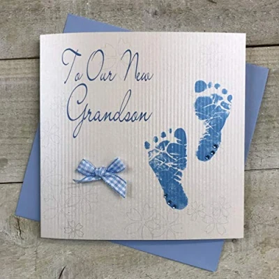 Image of WHITE COTTON CARDS To Our New Grandson Handmade Card Blue Feet, WS38,16cm x 16cm