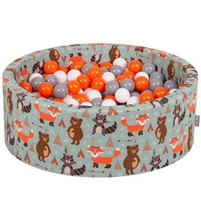 Image of KiddyMoon Soft Ball Pit Round 90X30cm/200 Balls ∅ 7Cm / 2.75In For Kids, Foam Pool Baby Playballs Children, Fox Green:Orange/Grey/White