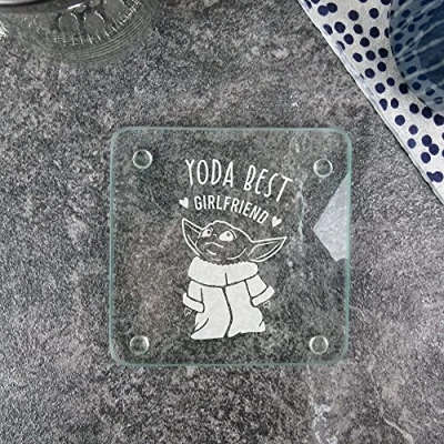 Image of eBuyGB Personalised Square Glass Coaster, Engraved Baby Yoda Star Wars Themed Drinks Mat, Funny Gifts for Partner (Yoda Best Girlfriend)