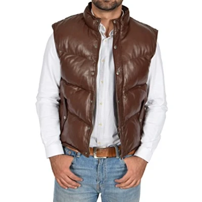 Image of Mens Quilted Leather Waistcoat Brown Puffer Body Warmer Vest Sleeveless Gilet Jeff (X Large)