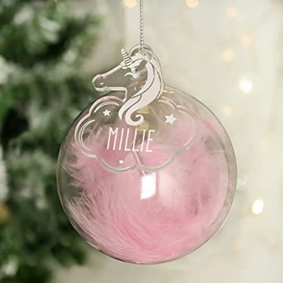 Image of Custom Personalised Pink Feather Glass Bauble With Unicorn Tag Perfect for Christmas