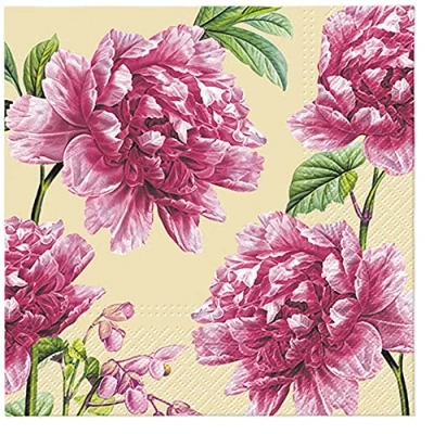 Image of 3Ply Flowery Tissue Paper Napkins Serviettes for Decoupage 33cm x Pack of 20 (Beautiful Peonies Cream)