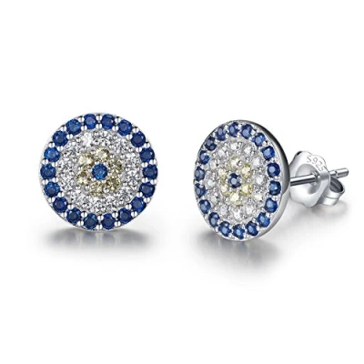 Image of Round Blue Evil Eye Stud Earrings Sterling Silver 925 Cubic Zirconia For Women Girls Dia.10mm