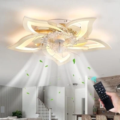 Image of 69CM Flower Chrome Ceiling Fan with Light and Remote Control Mute Reversible DC Motor 6 Wind Speed for Bedroom Living Room LED Dimmable Chandelier Gold