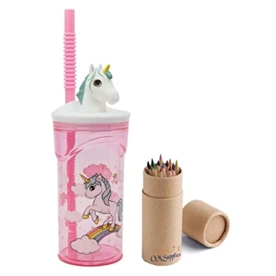 Image of OM SUPPLIES Unicorn 3D Figurine Cartoon Characters Reusable Tumbler Childrens Drinking Cup Straw 23 x 7.5 7.5cm Includes Half Size 12pcs Pencil Set (Unicorn)
