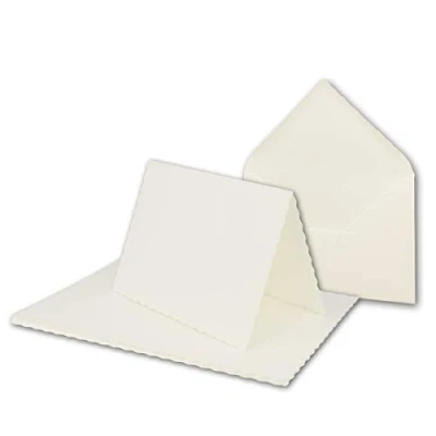 Image of 50x folding card set DIN A6 with C6 envelopes wavy punched Edge natural white 10.5 x 14.8 cm wave cut sets