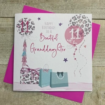 Image of WHITE COTTON CARDS GRANDDAUGHTER AGE 11 LEOPARD PRINT PRESSIES &amp; BALLOONS BIRTHDAY CARD, HAND FINISHED (S273 11)