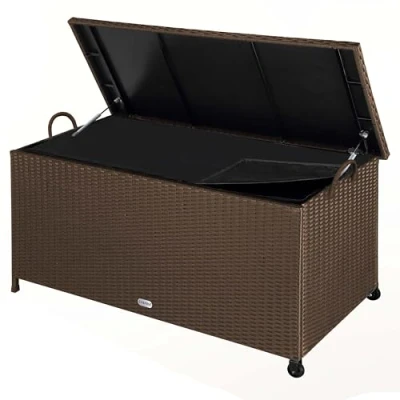 Image of CASARIA® 420 Litre Polyrattan Garden Storage Box with Wheels Waterproof UV Resistant Inner Lining 122x56x61cm Patio Furniture Cushion Chest Gas Pressure Lift Lid Brown