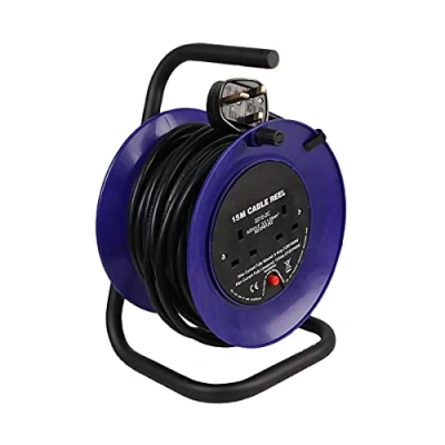 Image of 2 Gang Mini Open Cable Reel Extension Lead with Handle and Thermal Cut Out, 15m, Blue