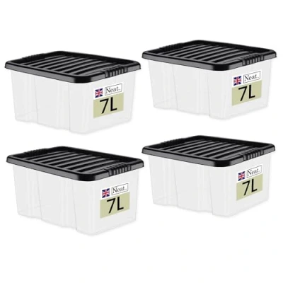 Image of Neat. Plastics 7L Heavy Duty Storage Box, Clear Base, Black Lid Organise Easily with Plastic Box Lid, Ideal Boxes for Storage, Durable Lids Pack of 4