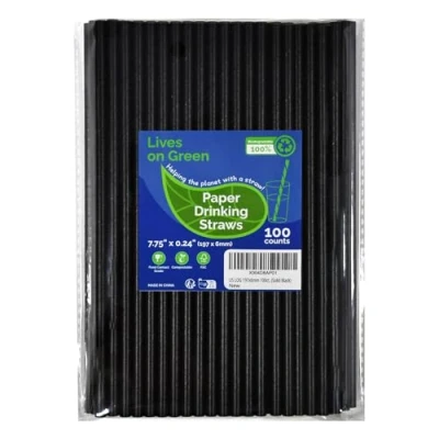 Image of Lives on Green Black Disposable Paper Straws Pack of 100 19.7 x 0.6 cm for Cocktails, Coffee, Drinks, Bars, Restaurants
