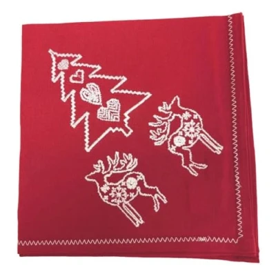 Image of Christmas Napkin Cotton Napkins for Themed Dining Table Setting &amp; Silverware WHITE ON RED GROUND EMBROIDERED Ragged Rose Gift Wrapped Cloth Set of 4 40 cm x