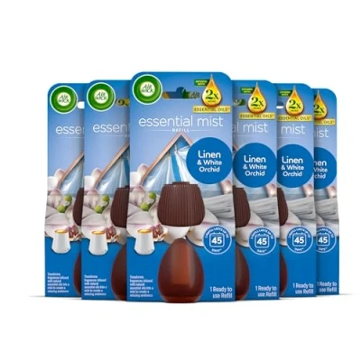 Image of Air Wick Essential Mist Refills, Linen &amp; White Orchid, Pack 6 x 20ml, Natural Oils, Last up to 270 days, freshener