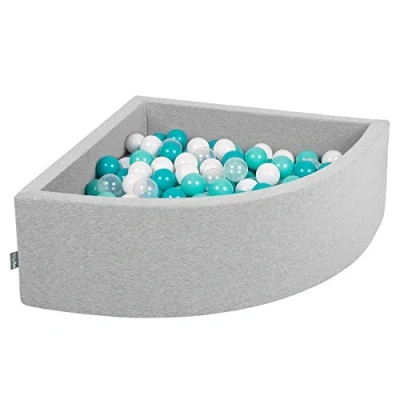 Image of KiddyMoon Soft Ball Pit Quarter Angular 90X30cm/300 Balls ∅ 7Cm / 2.75In For Kids, Foam Pool Baby Playballs, Made In EU, Light Grey:Light Turquoise/White/Transparent/Turq