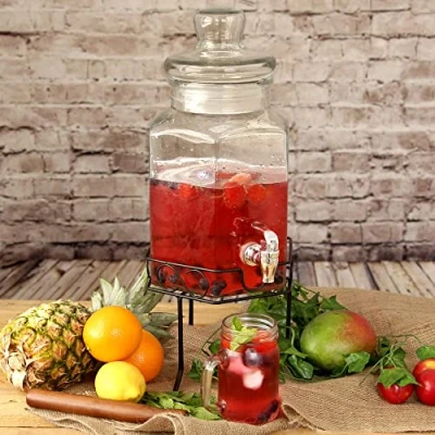 Image of bar@drinkstuff Hexagonal Glass Drinks Dispenser with Stand 197oz / 5.6ltr Vintage Beverage Dispensers