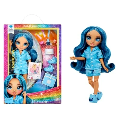 Image of Rainbow High Junior PJ Party Skyler (blue) 22 cm Posable Doll with Soft Onesie, Slippers and Play Accessories Kids Toy Great for Ages 4 12 Years