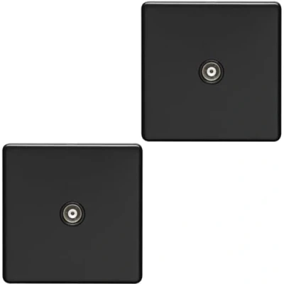 Image of 2 Pack 1 Gang Single TV Coaxial Aerial Socket SCREWLESS MATT Black Wall Plate Decorative Television Coax Face