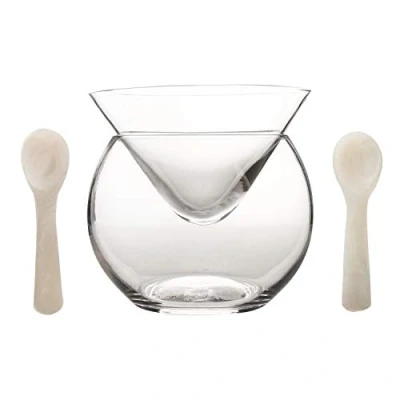 Image of DUEBEL Glass Caviar Chiller Server Set Plus 2 pcs. x Mother of Pearl Spoon 3.15&quot; Universal Martini, Wine, Liquor Cocktail
