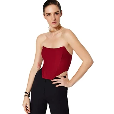 Image of Trendyol Women&#039;s Glam Regular fit Off shoulder Strapless Woven Bustier, Burgundy, 34