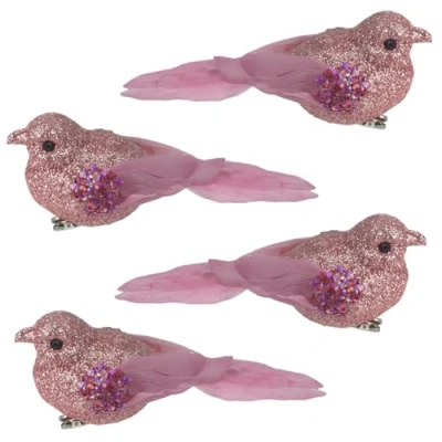 Image of 4 Pack Glitter Birds 9cm Clip on Christmas Decoration Pink 6061