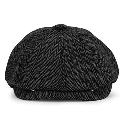 Image of KeepSa Newsboy Cap Baker Boy Hat Flat Caps 8 Panel Peaky Herringbone Tweed Gatsby Ivy Irish for Men and Women (Black, 7 5/8 7/8)