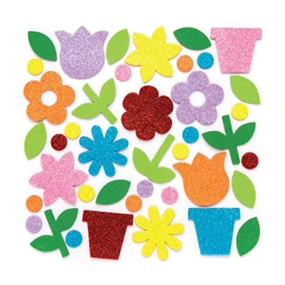 Image of Baker Ross AW337 Flower Garden Glitter Foam Stickers (Pack of 150) Embellishments For Kids Spring Themed Arts and Crafts