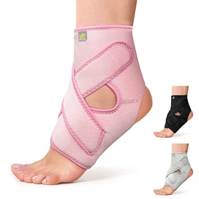 Image of BRACOO FS10 Ankle Support, Open Heel Brace with Adjustable Straps for Achilles Tendonitis, Weak Ankles, Ligament Damage, Sprains and Sports Injuries (Pink, S/M)