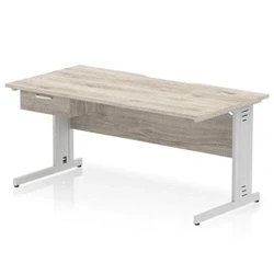 Image of Impulse 1600 x 800mm Scalloped Edge Office Desk Grey Oak Top Silver Cable Managed Leg Workstation 1 Drawer Fixed Pedestal