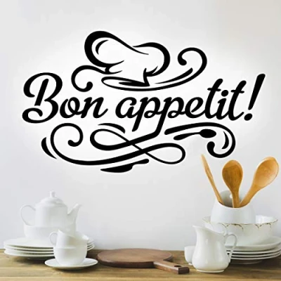 Image of Bon appetit wall sticker kitchen decal quotes lettering room decor coffee black vinyl dining quote decoration accessory stickers art cafe pub restaurant cup chief toque transfers decals mural stencils