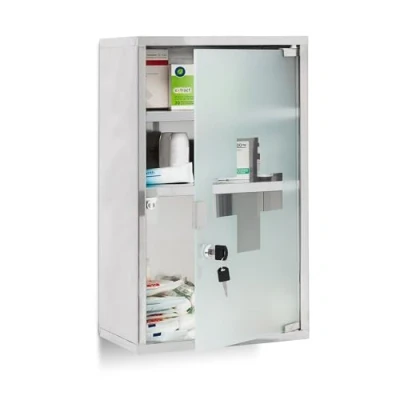 Image of Relaxdays EMERGENCY XL Medicine Cabinet, Stainless Steel &amp; Wood, Wide, Size: 45 x 30 12 cm, 3 Shelves, Lockable, w/ 2 Keys, Silver / Brown