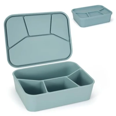 Image of LELE LIFE Leak Proof Silicone Lunch Box Bento Box, Container 4 Compartments for Adults, Snack Microwave &amp; Dishwasher Safe, Dusty Blue