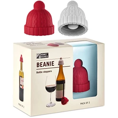 Image of Beanie Cap Decorative Silicone Bottle Stopper in a Gift Box, Set of Two, Novelty Cork, Beverage and Wine Keeper, Champagne stoppers (Red &amp; Grey)