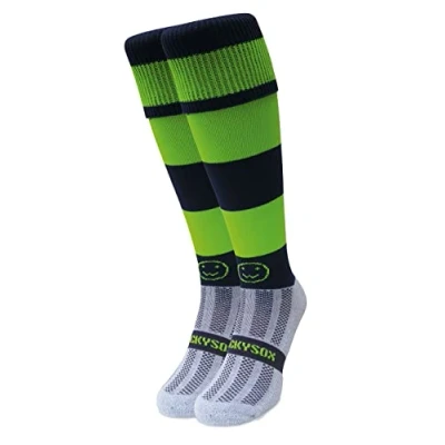 Image of WackySox Navy Blue and Lime Green Hoop Rugby Socks, Sports Sock for Men Women, Mens Work Perfect Socks Riding, Football, Running, Hockey other Activities