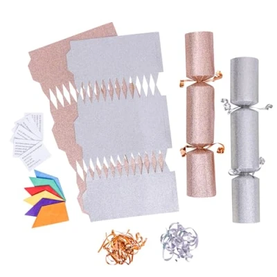 Image of evelay 12 Make Your Own Christmas Cracker Kit DIY Silver &amp; Rose Gold Glitter Crackers Hats Snaps Jokes (Silver, Gold)