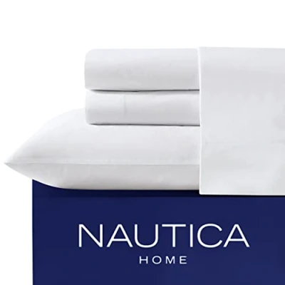Image of Nautica Twin XL Sheet Set, Cotton Percale Bedding Crisp &amp; Cool, Dorm Room Essentials (White, XL)