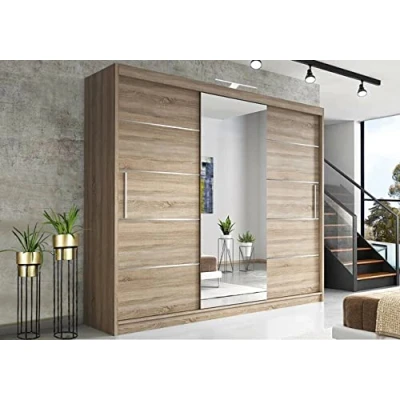 Image of 250cm Oak/Sonoma 3 door Sliding Mirror Wardrobe with 1 LED (Oak/Sonoma, 250cm)